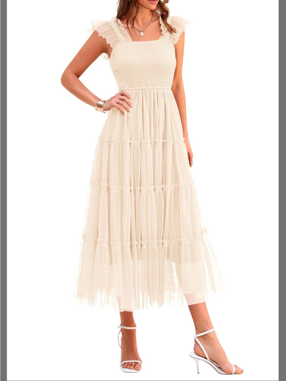 Smocked Bodice Cream Maxi Dress with Ruffle Straps